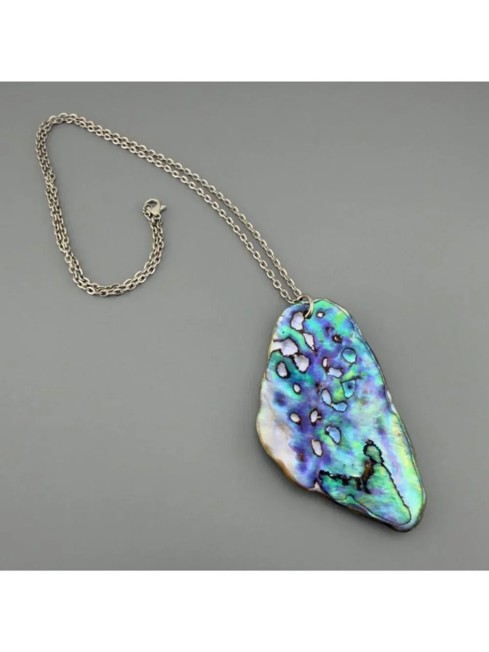 Natural Abalone Shell Pendant Necklace Silver Tone Chain Iridescent 24